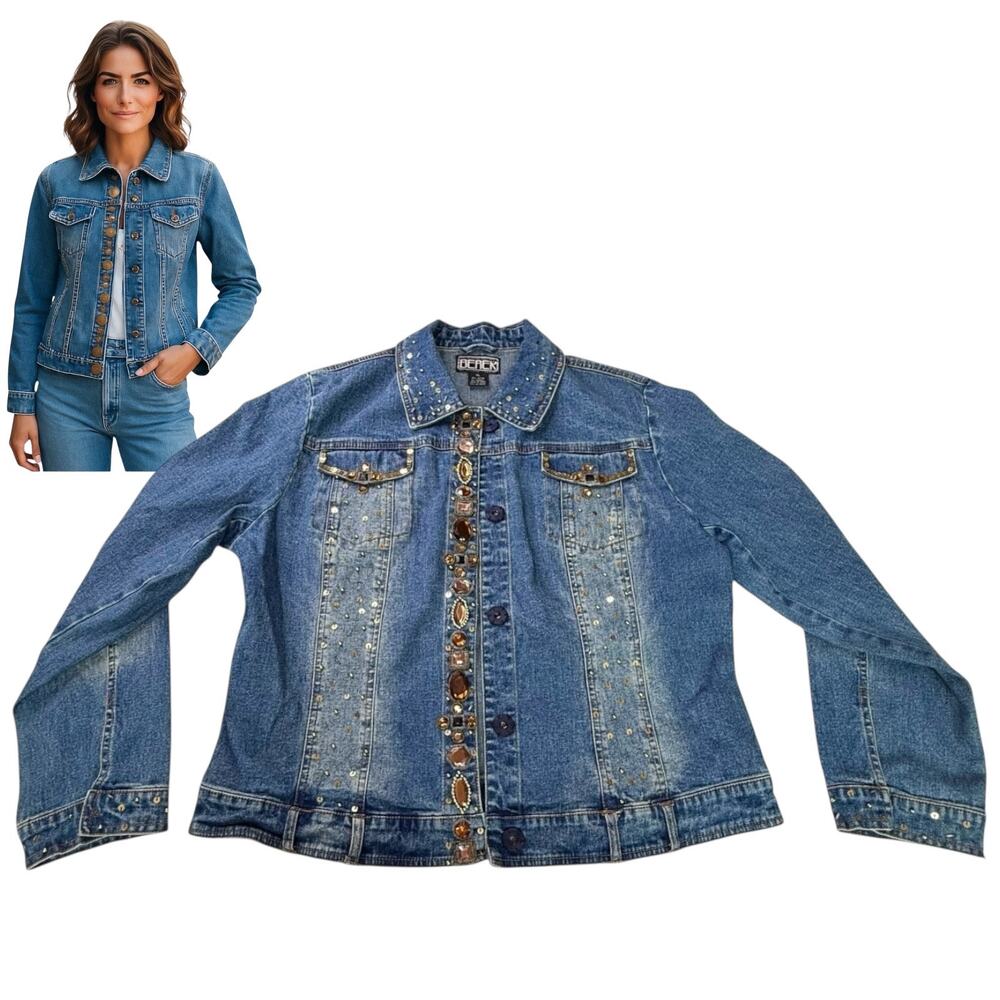 Designer Jean Jacket BEREK 2 COLLECTION Womens XL Takako Sakon Sequin Rhinestone
